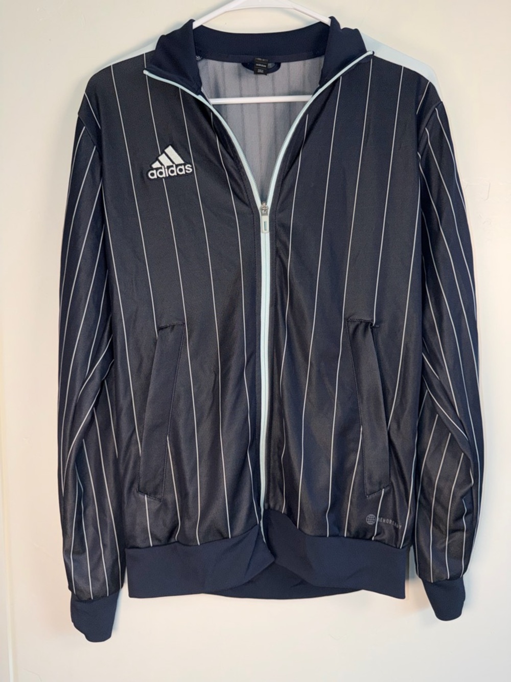 Adidas XS Black Pinstripe AEROREADY Zip Up Track Jacket Athletic | Navy